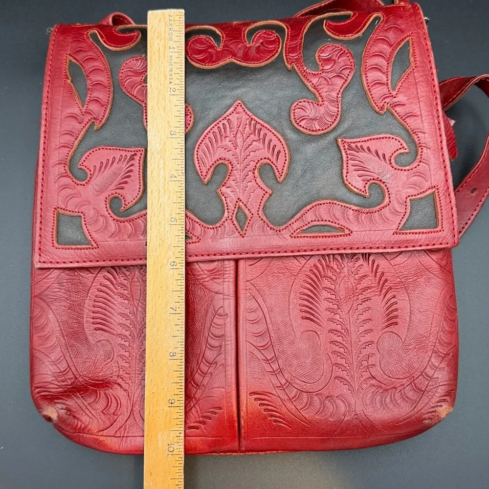 Red and Black Embossed Leather Crossbody Bag - Picture 12 of 13